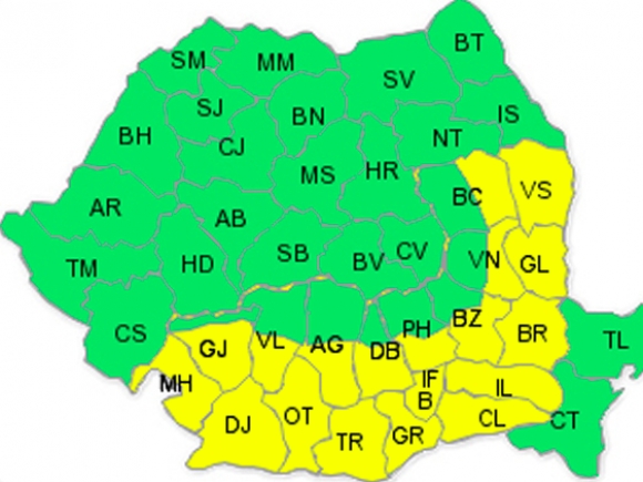 Cod galben de caniculă în 19 judeţe; Furtuni în sudul, estul şi centrul ţării